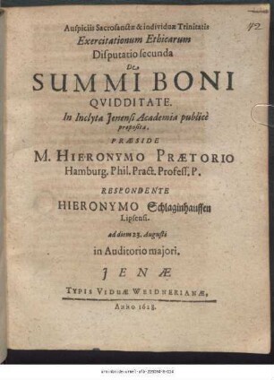 Exercitationum Ethicarum Disputatio secunda De Summi Boni Quidditate