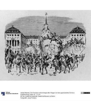Die Preußen mit hochbepackten Wagen vor dem geplünderten Schloss Hubertusburg