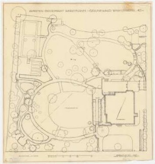 Garten Hartmann, Berlin-Grunewald Umgestaltung: Grundrissplan des geplanten Gartens mit Gebäudeumrissen 1:200, Maßstabsleiste