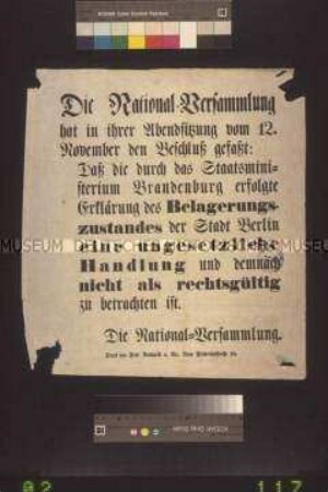 Maueranschlag: Die Nationalversammlung erklärt den Belagerungszustand der Stadt Berlin für ungesetzlich und für nicht rechtsgültig; undatiert
