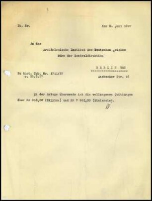 Schreiben (Durchschlag); W. Wrede an Büro der ZD (Quittungen)