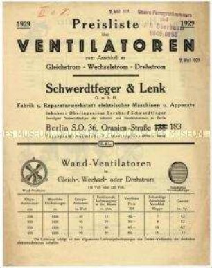 Preisliste über Ventilatoren
