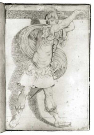 Krieger nach einem Wandgemälde im Riesensaal des Dresdner Schlosses : Krieger nach einem Wandgemälde im Riesensaal des Dresdner Schlosses. Illustration aus dem Skizzenbuch von Valentin Wagner, Blatt 23, Reißschwarz, Rötel ; 46 x 31,8 cm