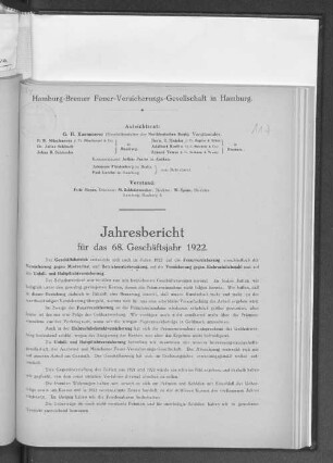 Jahresbericht für das 68. Geschäftsjahr 1922.
