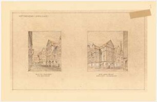 Nachkriegsneugestaltung der Kreuzung Kohlmarkt, Breite Straße, Wahmstraße, Sandstraße, Lübeck: Perspektivische Ansichten (ohne Maßstab) vom Kohlmarkt zur Wahmstraße, auf die Ecke Sandstraße - Kohlmarkt