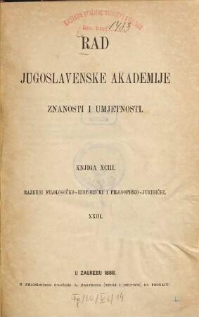 Rad Jugoslavenske Akademije Znanosti i Umjetnosti. 93. 1888