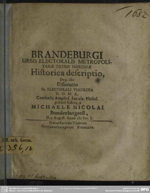 Brandenburgi urbis electoralis Marchiae historica descriptio