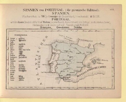 Spanien und Portugal (die pyrenäische Halbinsel). Spanien. Portugal, Grenzen, Gewässer, Städte