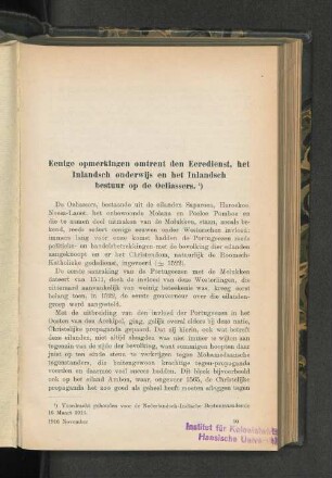 Eenige opmerkingen omtrent den Eeredienst, het Inlandsch onderwijs en het Inlandsch bestuur op de Oeliassers, door J. J. G. Kruseman.