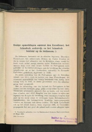 Eenige opmerkingen omtrent den Eeredienst, het Inlandsch onderwijs en het Inlandsch bestuur op de Oeliassers, door J. J. G. Kruseman.