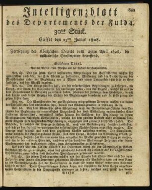 30tes Stück. Cassel den 25ten Julius 1808