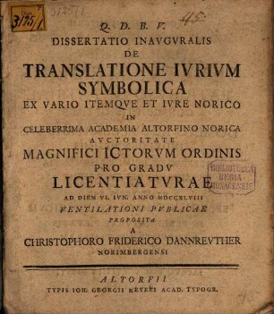 Diss. inaug. de translatione iurium symbolica ex vario, itemque et iure Norico