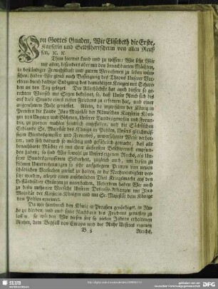 Von Gottes Gnaden, Wir Elisabeth die Erste, Kayserin und Selbstherrscherin von allen Reussen, [et]c. [et]c.