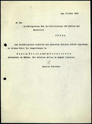 W. Wrede an den Archäologischen Rat des Ministeriums für Kultus und Unterricht