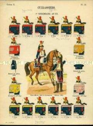 Uniformdarstellung, Unteroffizier und Offizier des 5. Kürassier-Regiments, Detailstudien von Helmen und Abzeichen verschiedener Kürassier-Regimenter, Erste Republik Frankreich, 1803/1805.