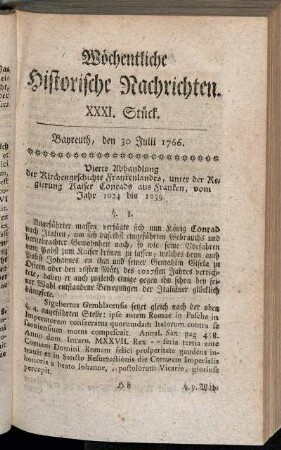 XXXI. Stück. Bayreuth, den 30. Julii 1766.