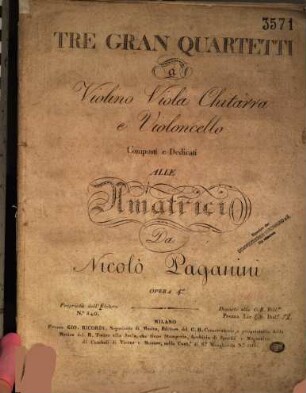 Tre gran quartetti a violino, viola, chitarra e violoncello : opera 4a