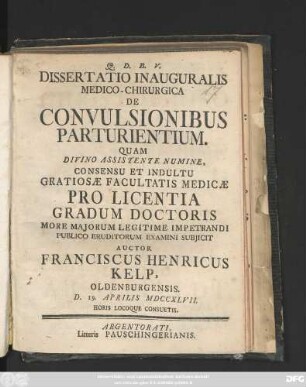 Dissertatio Inauguralis Medico-Chirurgica De Convulsionibus Parturientium