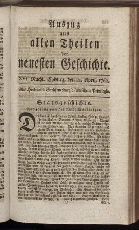 XVI. Nachl. Coburg, den 21. April, 1762.