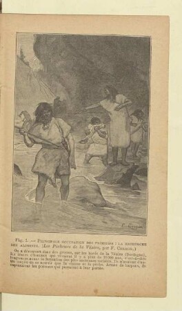 Principale occupation des primitifs: la recherche des aliments. (Les Pècheurs de la Vézère, par F. Cormon.)