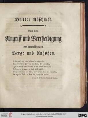 Dritter Abschnitt: Von dem Angriff und Vertheidigung der unverschanzten Berge und Anhöhen