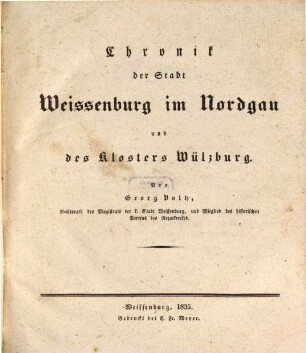 Chronik der Stadt Weissenburg im Nordgau und des Klosters Wülzburg