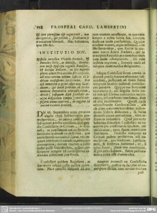Institutio XCIV. Epistola encyclica Vicariis Foraneis, & Parochis Urbis, ac dioecesis