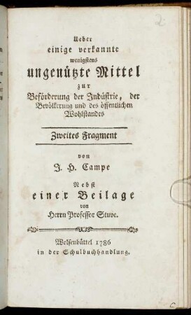 Fragment 2: Ueber einige verkannte wenigstens ungenützte Mittel zur Beförderung der Indüstrie, der Bevölkerung und des öffentlichen Wohlstandes. Zweites Fragment