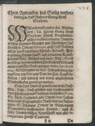 Ehren Andencken des Seelig verstorbenen Hn. Hoff-Richters George Ernst Stephani.