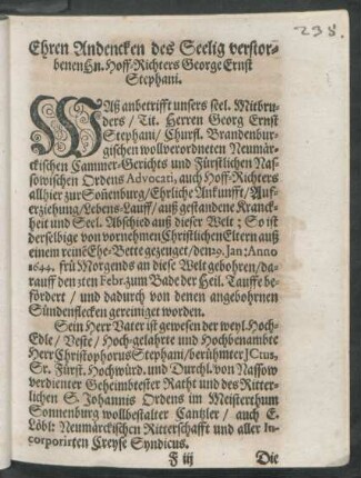 Ehren Andencken des Seelig verstorbenen Hn. Hoff-Richters George Ernst Stephani.