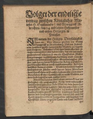 Volget der endtliche vertrag zwischen Königlicher Maiestet H. Sigismundo I. und Marggraff Allbrechten/ ...