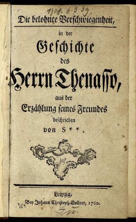 Die belohnte Verschwiegenheit, in der Geschichte des Herrn Thenasso