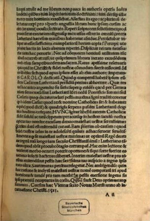 Ad Carolvm Max. Imperatorem, Et Hispaniarum Regem, Fratris Ambrosii Cath. Ord. Praed. Apologia pro ueritate Catholicae & Apostolicae fidei, ac Doctrinae Aduersus impia, ac ualde pestifera Martini Lutheri Dogmata