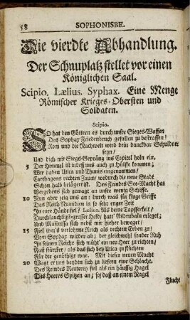 Die vierdte Abhandlung. der Schauplatz stellet vor einen Königlichen Saal.