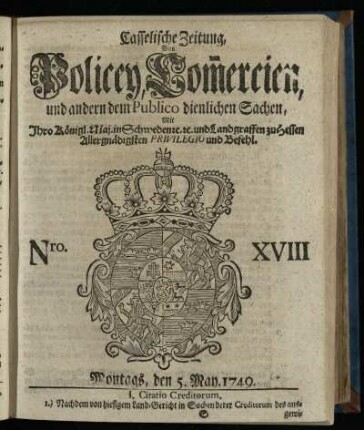 Nro. XVIII, Montags, den 5. May 1749