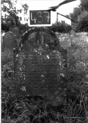 Grabstein 437 (Index: 100102748) Material: Sandstein Zustand: leicht verwittert Maße HxBxT: 92x56x8 cm Beschreibung: Stele, eingezogener Rundbogenabschluss, Schriftfeld eingetieft: Grabstein 437