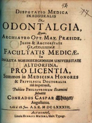 Disputatio Medica Inauguralis de Odontalgia