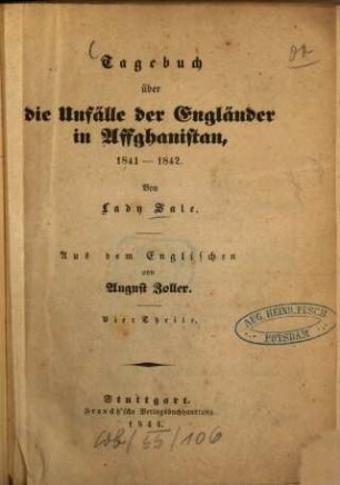 Tagebuch über die Unfälle der Engländer in Affghanistan, 1841 - 1842