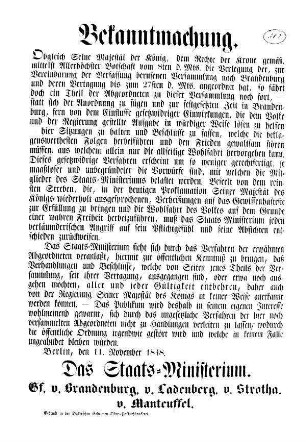Bekanntmachung. Obgleich seine Majestät der König, dem Rechte der Krone gemäß, [...]