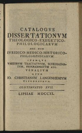 Continuatio XVII. Lipsiae M DCC XL.