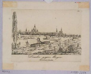 Stadtansicht von Dresden, Blick von der rechten Elbseite nach Südwesten auf die Altstadt, im Vordergrund Spaziergänger und Arbeiter an der Elbe