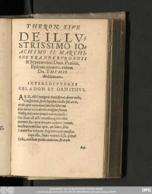 Theron: Sive De Illustrissimo Ioachimo II. Marchione Brandenburgensi & Septemviro: Duce Prussiae, Epicum carmen, eidem Dn. Thumio dedicatum.