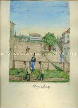 Uniformdarstellung, Infanterieoffizier mit Feldmütze, Trainoffizier mit Feldmütze, Sachsen, 1860.