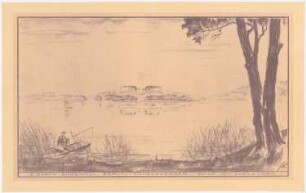 Ehrenmal Pichelswerder, Berlin-Spandau: Perspektivische Ansicht mit Blick von Schildhorn über die Havel nach Norden zum Ehrenmal