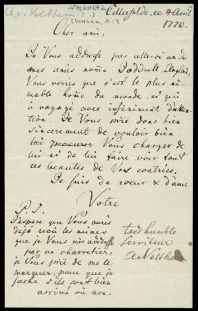 Brief von August Ferdinand von Veltheim an Rudolf Erich Raspe