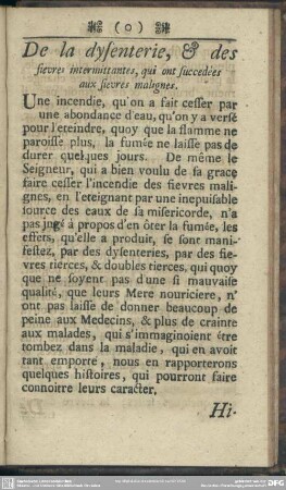 De la dysenterie, & des sievres intermittantes, qui ont succedées aux fievres malignes