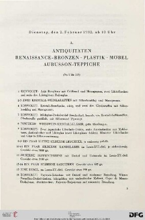 A. Antiquitäten – Renaissance-Bronzen – Plastik – Möbel – Aubusson-Teppiche (Nr. 1-159)