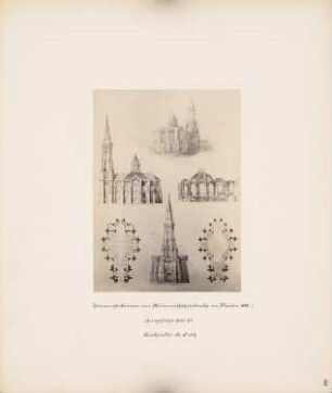 Himmelfahrtskirche am Humboldthain, Berlin-Wedding: 1 perspektivische Ansicht, 2 Ansichten, 2 Grundrisse, 1 Innenraumschnitt