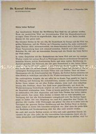 Rundschreiben von Bundeskanzler Adenauer an die Bevölkerung von Berlin (West) zur Wahl des Berliner Abgeordnetenhauses 1954