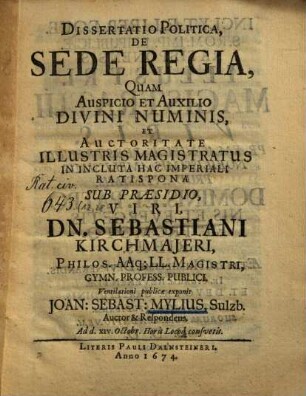 Dissertatio Politica De Sede Regia